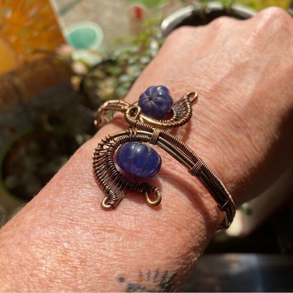 Lapis Lazuli Copper Wire Wrapped Ajustable Cuff Bracelet - Picture 2 of 6